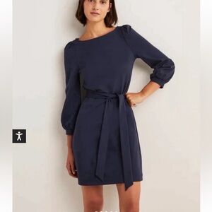 Boden Tie Detail Jersey Long Sleeve Shift Dress in Navy